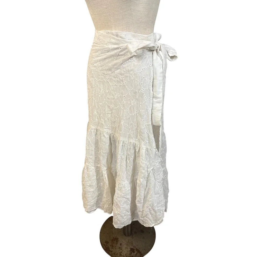 Vintage‎ White Eyelet Lace Wrap Midi Skirt Cottagecore Feminine Country Prairie